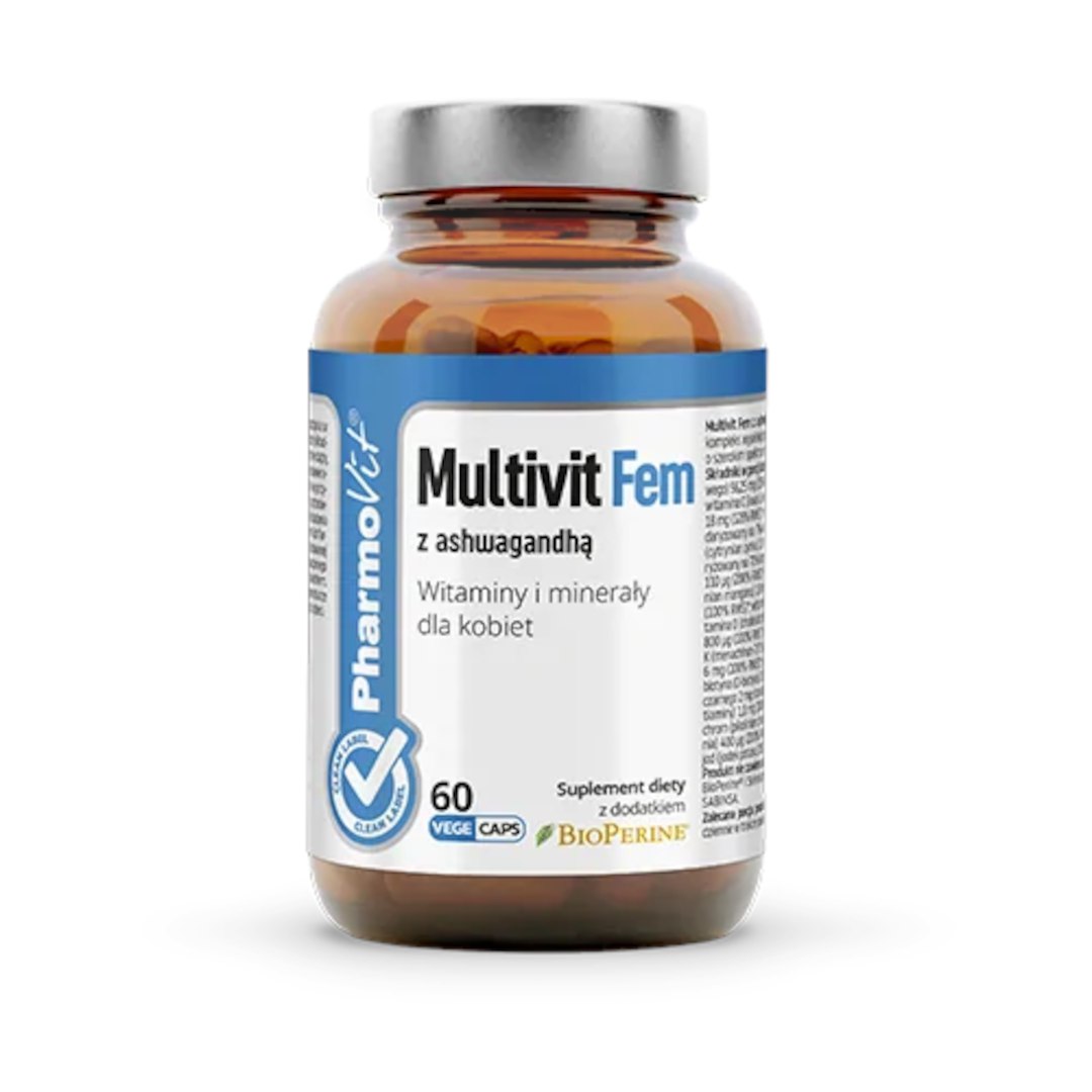 MULTIWITAMINA (MULTIVIT FEM Z ASHWAGANDHĄ) DLA KOBIET BEZGLUTENOWA 60 KAPSUŁEK – PHARMOVIT (CLEAN LABEL) MULTIWITAMINA (MULTIVIT FEM Z ASHWAGANDHĄ) DLA KOBIET BEZGLUTENOWA 60 KAPSUŁEK – PHARMOVIT (CLEAN LABEL)