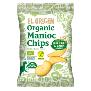 CHIPSY Z MANIOKU O SMAKU ŚMIETANKOWO – CEBULOWYM WEGAŃSKIE BEZGLUTENOWE BIO 60 g – EL ORIGEN