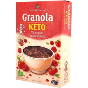 GRANOLA MALINOWO – TRUSKAWKOWA BEZ DODATKU CUKRÓW BEZGLUTENOWA KETO BIO 250 g – PIĘĆ PRZEMIAN