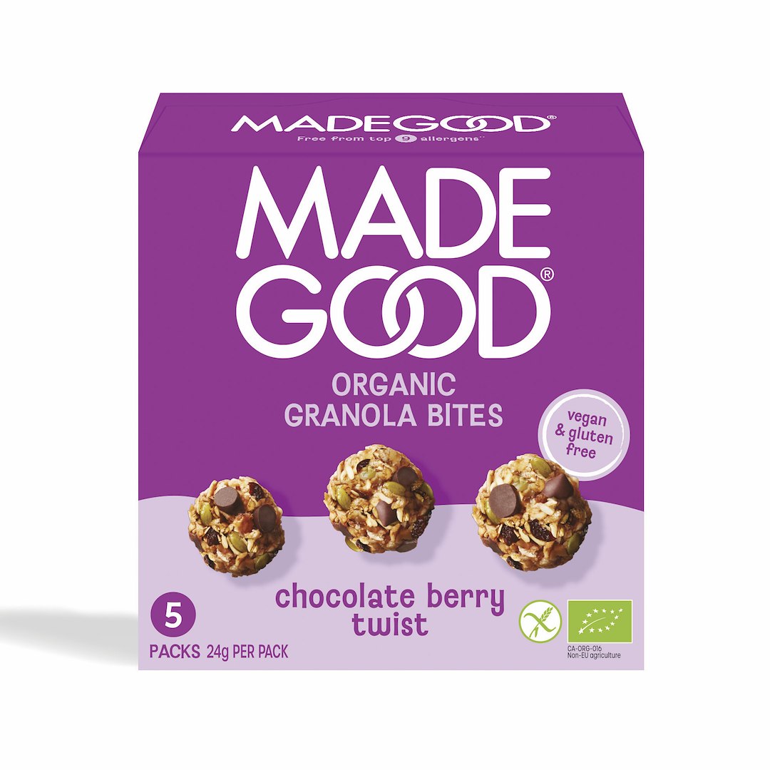 GRANOLA BITES Z CZEKOLADĄ BERRY TWIST BEZGLUTENOWE BIO (5 x 24 g) 120 g – MADEGOOD GRANOLA BITES Z CZEKOLADĄ BERRY TWIST BEZGLUTENOWE BIO (5 x 24 g) 120 g – MADEGOOD
