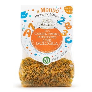 MAKARON (KUKURYDZIANY TRÓJKOLOROWY) DLA DZIECI LITERKI I CYFERKI BEZGLUTENOWY BIO 250 g – PASTA NATURA