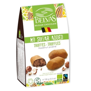 CZEKOLADKI BELGIJSKIE TRUFLE Z ORZECHAMI LASKOWYMI BEZ DODATKU CUKRÓW FAIR TRADE BEZGLUTENOWE BIO 100 g – BELVAS