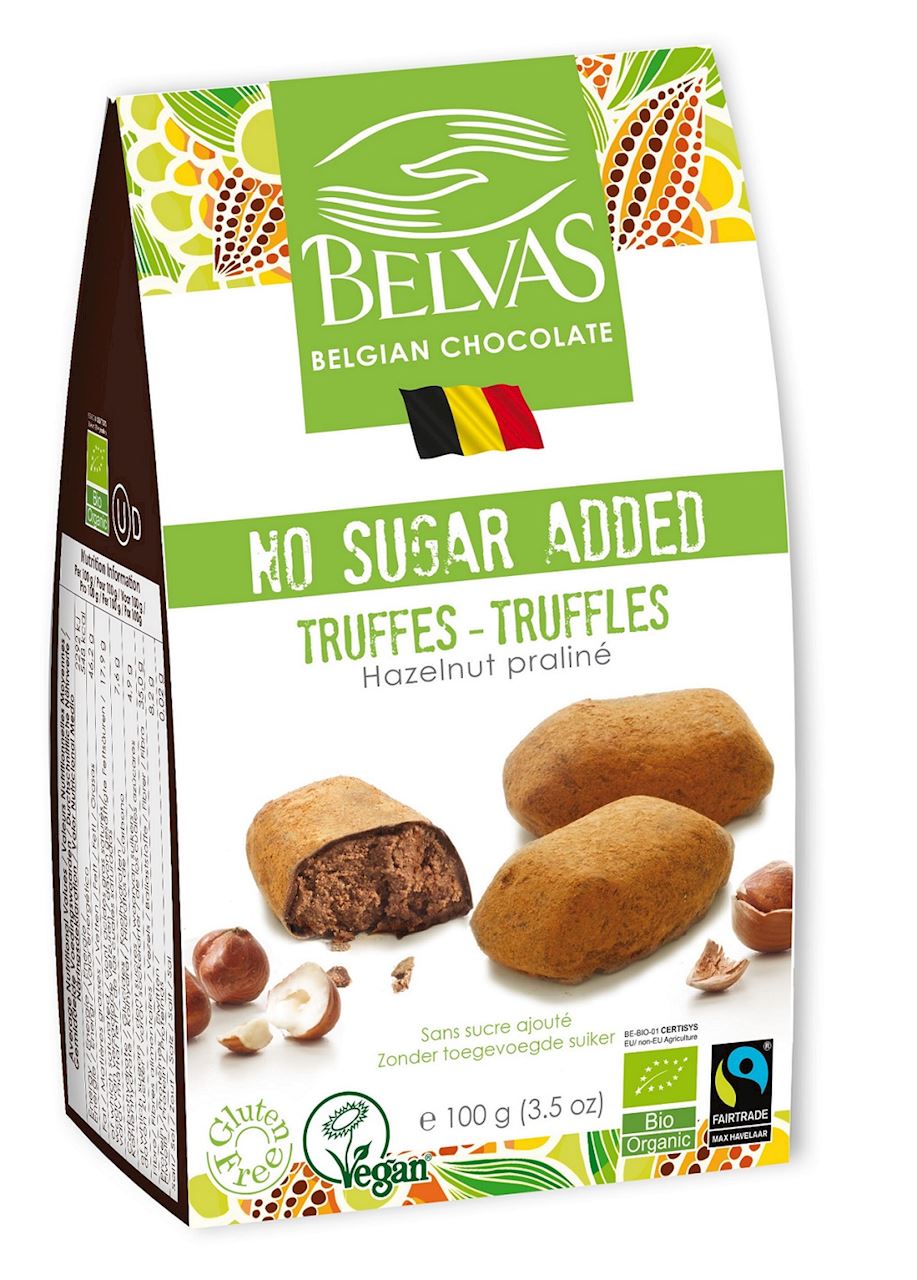 CZEKOLADKI BELGIJSKIE TRUFLE Z ORZECHAMI LASKOWYMI BEZ DODATKU CUKRÓW FAIR TRADE BEZGLUTENOWE BIO 100 g – BELVAS CZEKOLADKI BELGIJSKIE TRUFLE Z ORZECHAMI LASKOWYMI BEZ DODATKU CUKRÓW FAIR TRADE BEZGLUTENOWE BIO 100 g – BELVAS