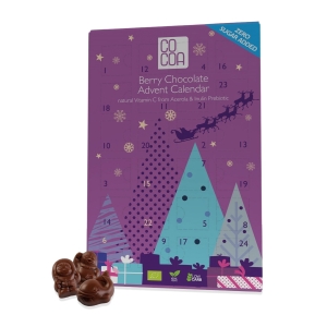 KALENDARZ ADWENTOWY Z CZEKOLADY JAGODOWEJ Z WITAMINĄ C Z ACEROLI BEZ DODATKU CUKRÓW BIO 180 g – COCOA (PRODUKT SEZONOWY)
