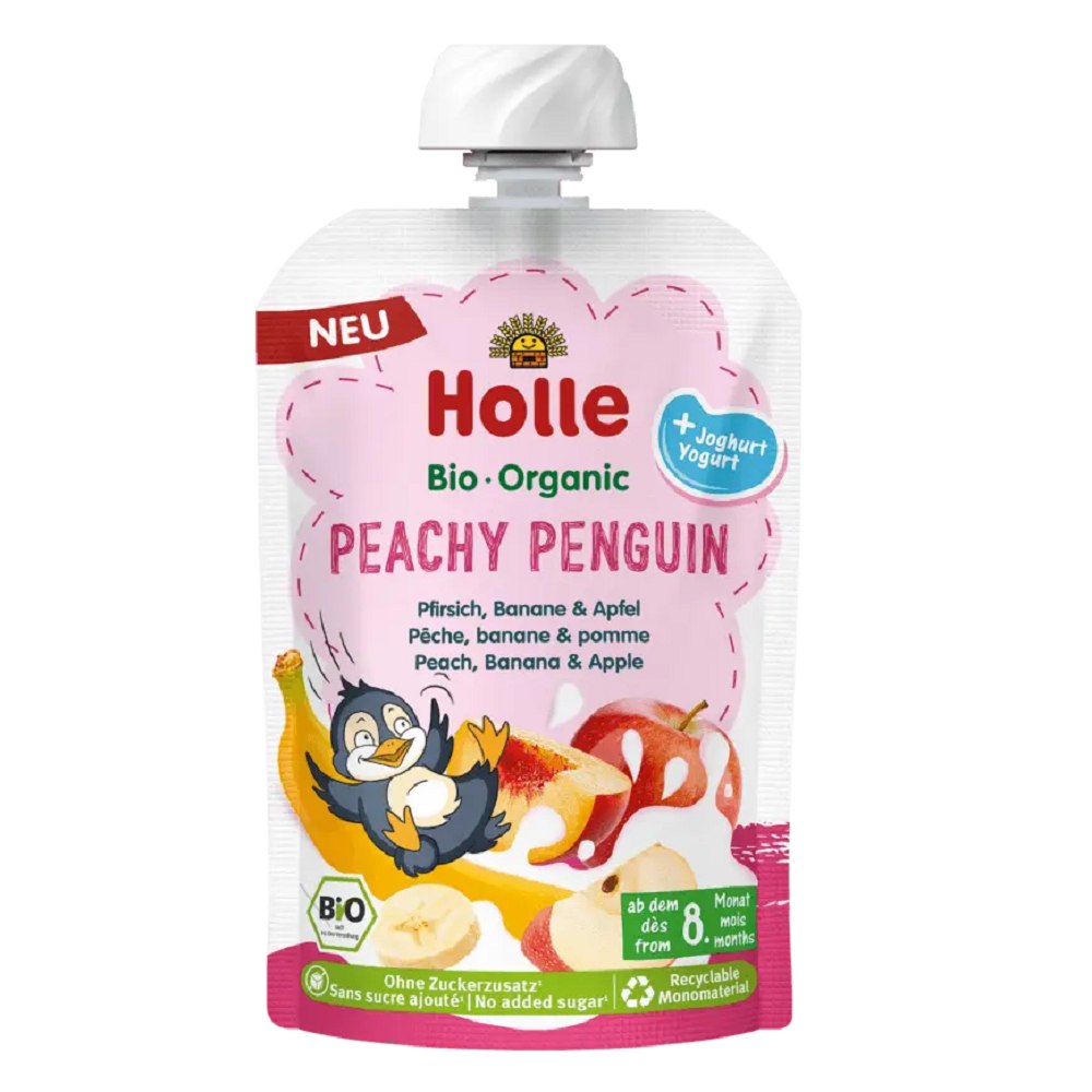 MUS BRZOSKWINIOWY PINGWIN (BRZOSKWINIA – BANAN – JABŁKO – JOGURT) BEZ DODATKU CUKRÓW BEZGLUTENOWY OD 8 MIESIĄCA BIO 100 g – HOLLE MUS BRZOSKWINIOWY PINGWIN (BRZOSKWINIA – BANAN – JABŁKO – JOGURT) BEZ DODATKU CUKRÓW BEZGLUTENOWY OD 8 MIESIĄCA BIO 100 g – HOLLE